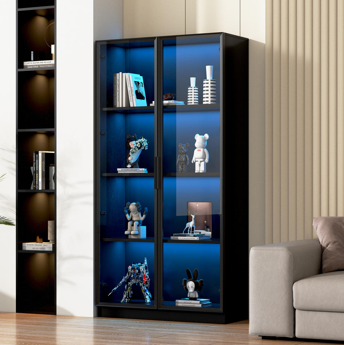 VITRINE 80/40/160 cm Schwarz aus Spanplatte mit LED-Beleuchtung - Schwarz, Holzwerkstoff (40/160/80cm) - OKMYHOME