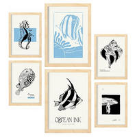POSTER Set Mit 6 In Schwarzer Tinte Meeresmuster Kunstdrucke Von Meer Und Ozean Für Innenarchitektur A3 & A4 Rahmen Aus Hellem Holz - Beige, Papier (29/3cm) - Nacnic