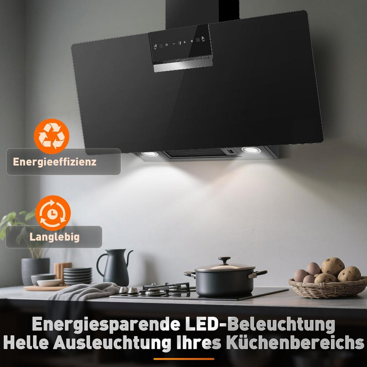 DUNSTABZUGSHAUBE, 800 M³/H SAUGKRAFT UND GESTENSTEUERUNG, Glas Schwarz, Kopffreie Wandhaube, 90 cm - Schwarz, Metall (43/48.51/96.01cm) - Rolipo