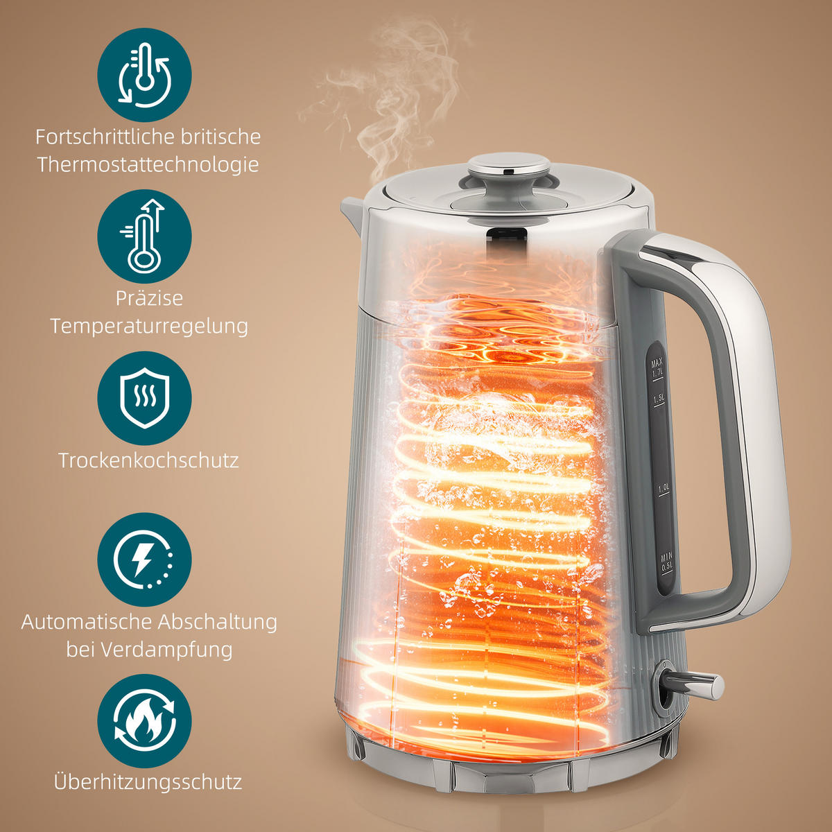 TOASTER mit Wasserkocher DE-07928 Grau - Grau, Metall (15.5/25.5/21.2cm) - ComfortXL