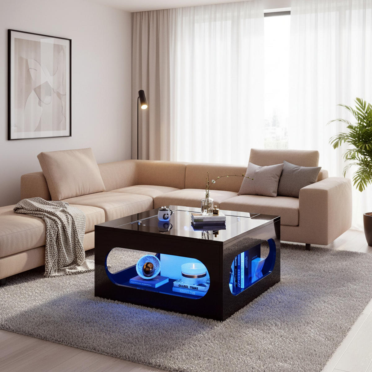 COUCHTISCH Schwarz Hochglanz mit LED & Glasplatte - Schwarz, Holzwerkstoff (70/70/35cm) - Urban Meuble