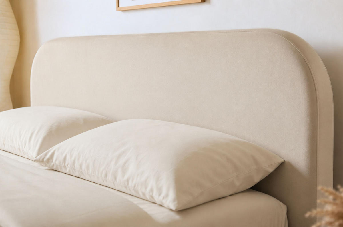 MASSIVHOLZBETT Eyko BORA, 160/200, Wildeiche - lackiert, Samt-Kopfteil Ecru - Ecru/Eichefarben, Holz/Textil (160/200cm) - TWILUX