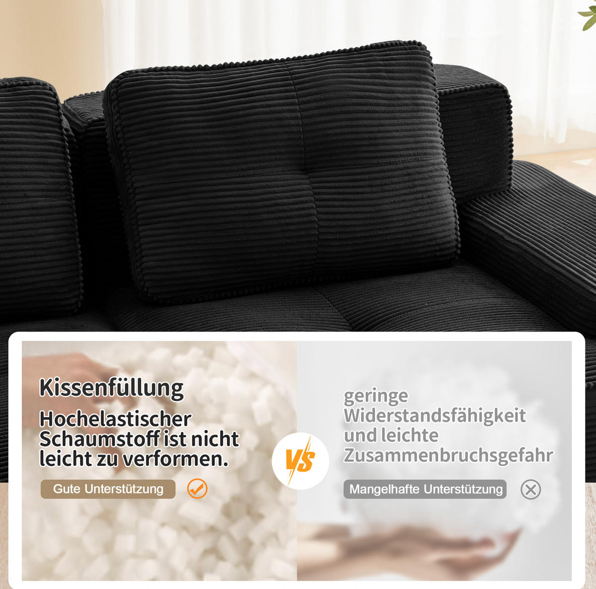 MODULSOFA aus Cord Schwarz 293x177x69 cm mit flexibler Anordnung - Schwarz, Textil (177/293cm) - IVMEU