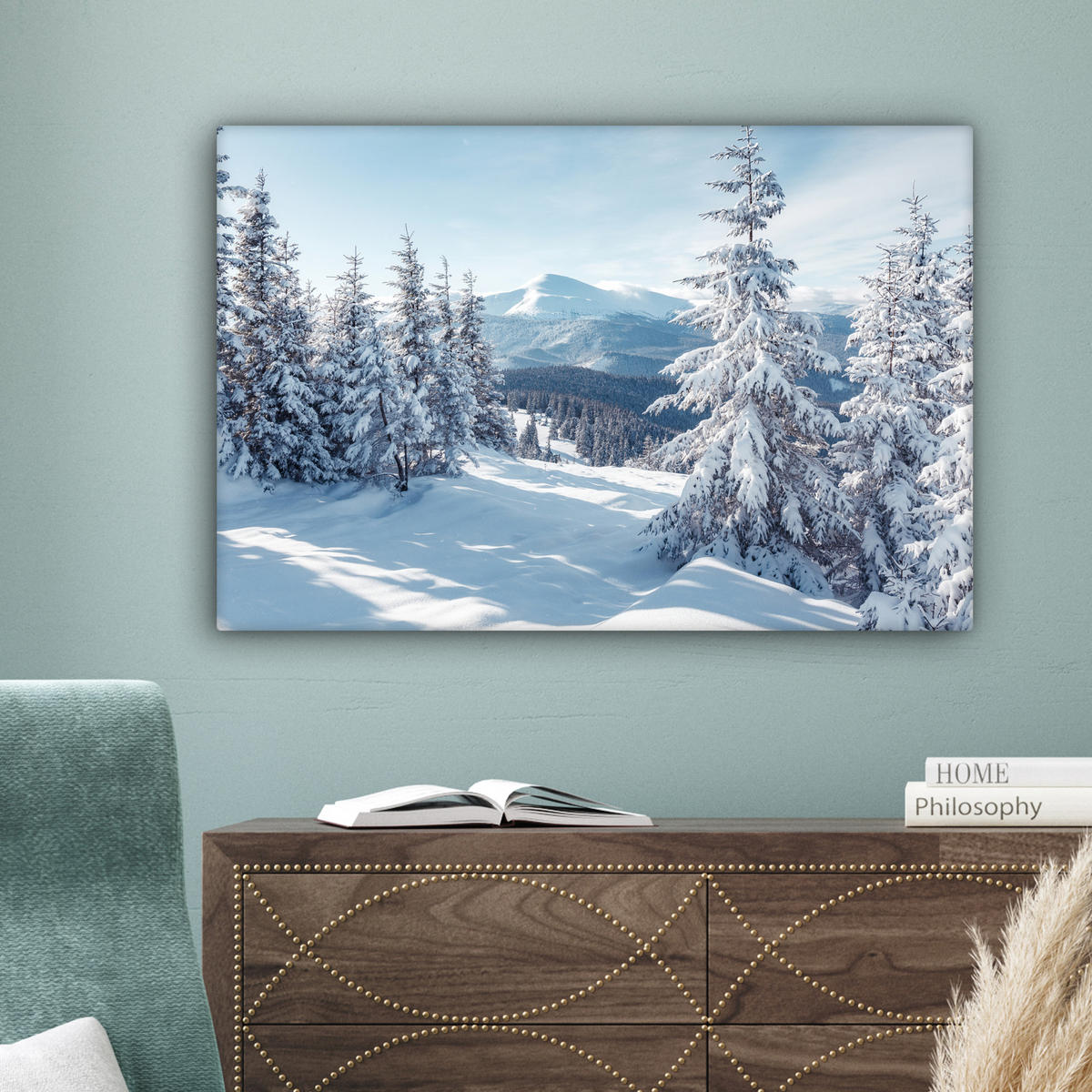 LEINWANDBILD Winterlandschaft - Natur - Berge - Bäume - Schnee Wanddeko 90x60 cm - Hellblau, Textil (90/60cm) - MuchoWow