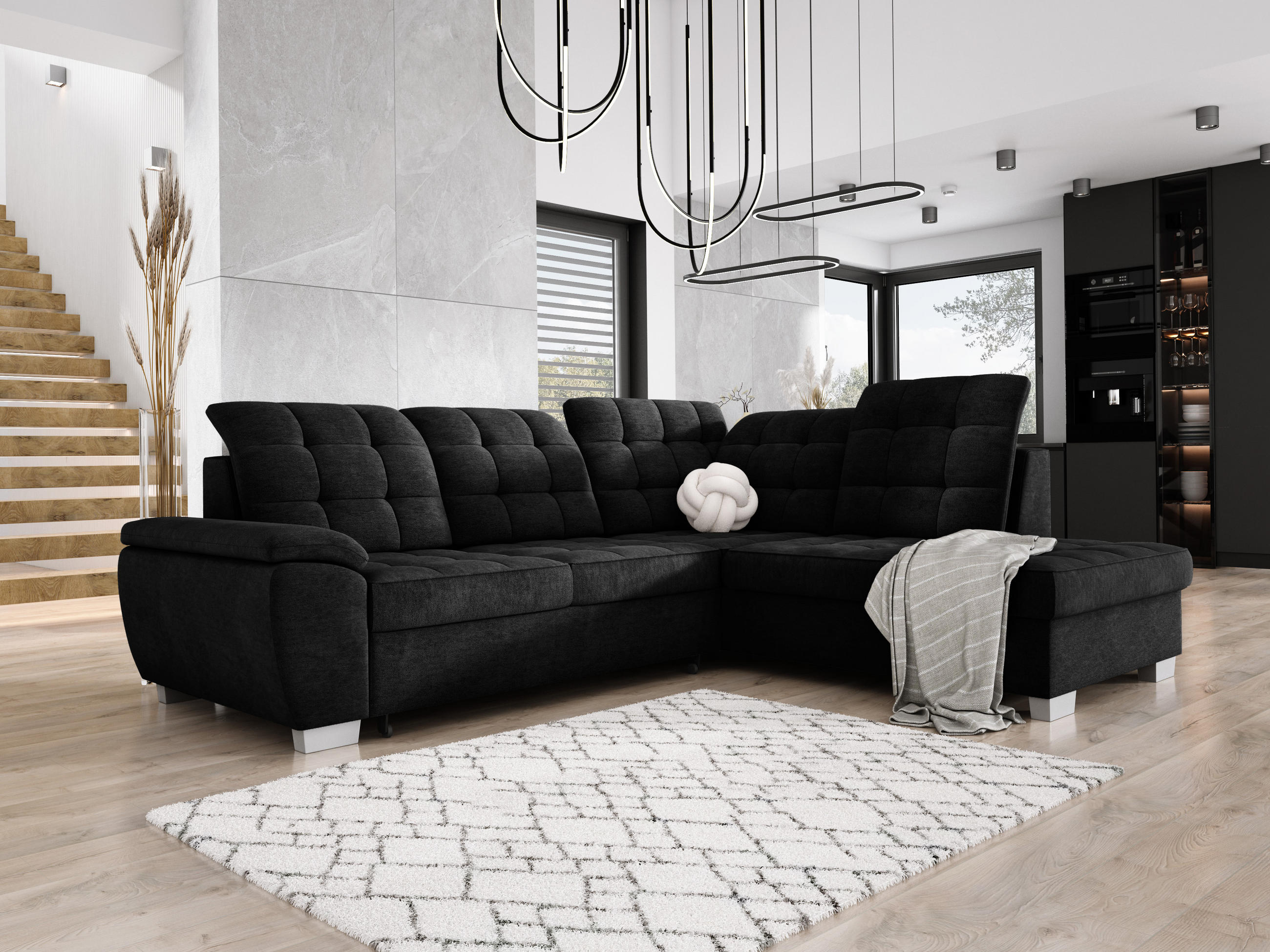 ECKSOFA LOTTA L-förmig Bettkasten verstellbare Kopfstützen hochwertige Verarbeitung lose Rückenkissen freistehend RECHTS 258x212x106 cm Black - Schwarz, Holz/Textil (258/212cm) - DomoHome