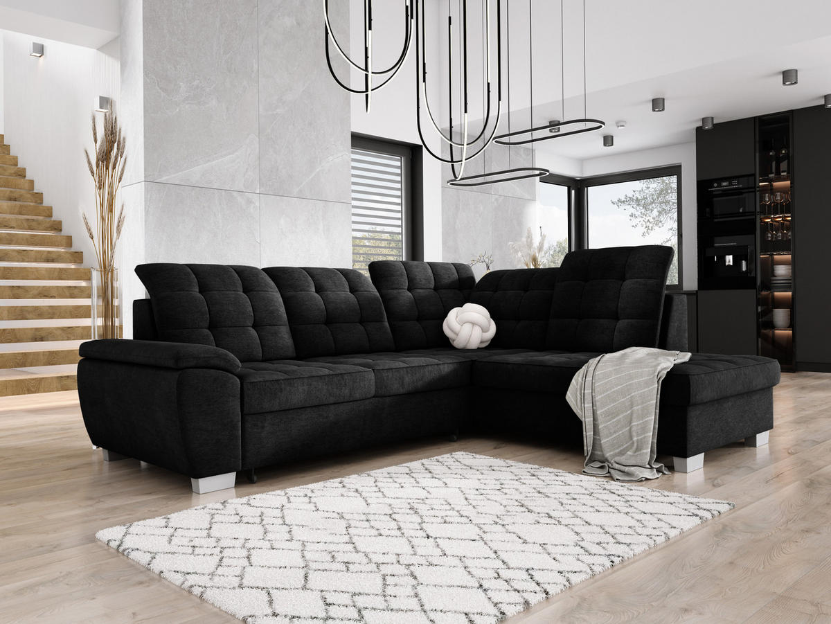 ECKSOFA LOTTA L-förmig Bettkasten verstellbare Kopfstützen hochwertige Verarbeitung lose Rückenkissen freistehend RECHTS 258x212x106 cm Black - Schwarz, Holz/Textil (258/212cm) - DomoHome