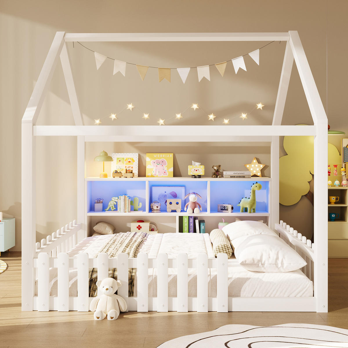 KINDERBETT 140/190 cm Weiß, mit Gitter, LED-Licht, offenen Staufächern und Hausdesign - Weiß, Holz
