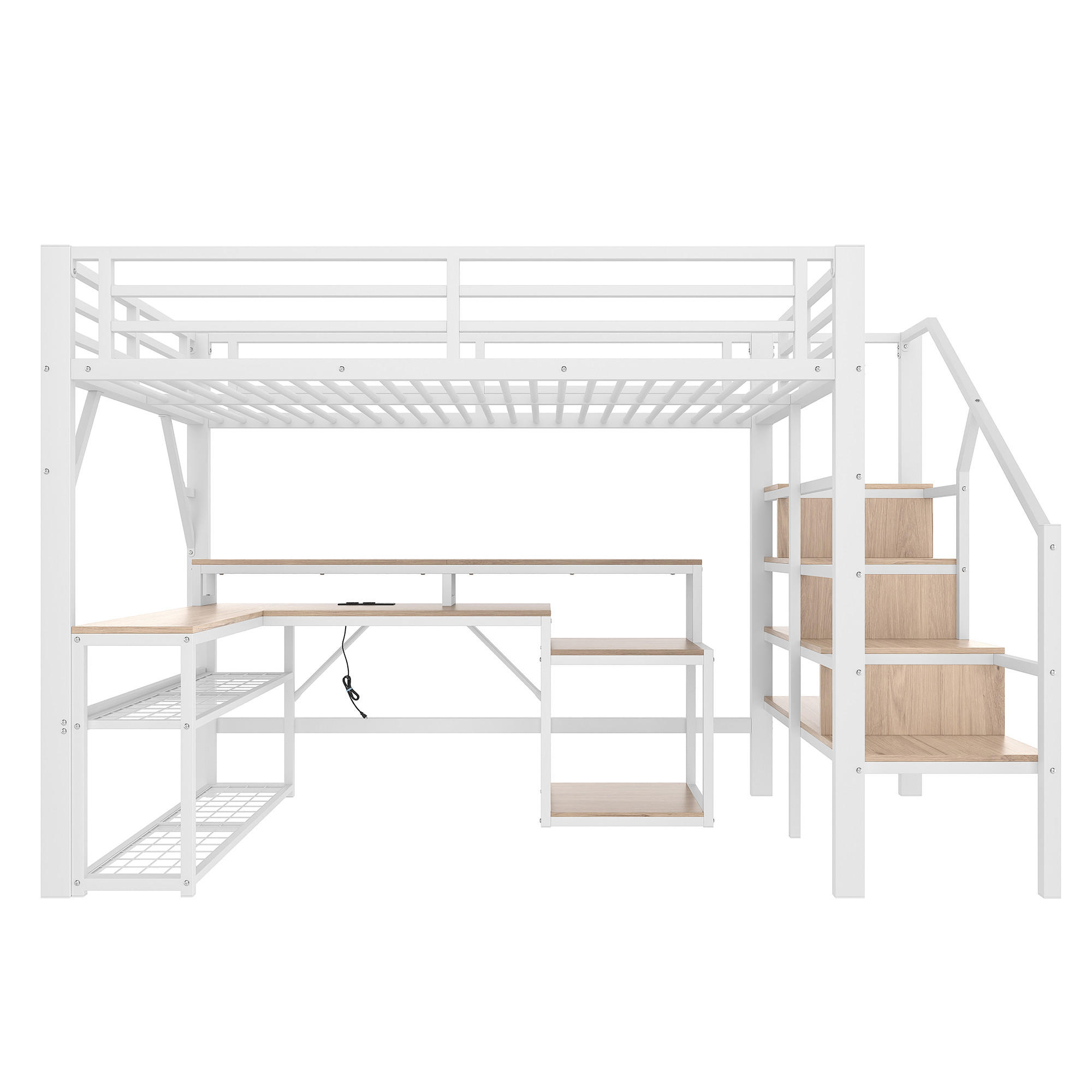 HOCHBETT 140x200cm Weiß Metall LED-Licht Schreibtisch USB - Weiß, Metall (140/200cm) - FLIEKS
