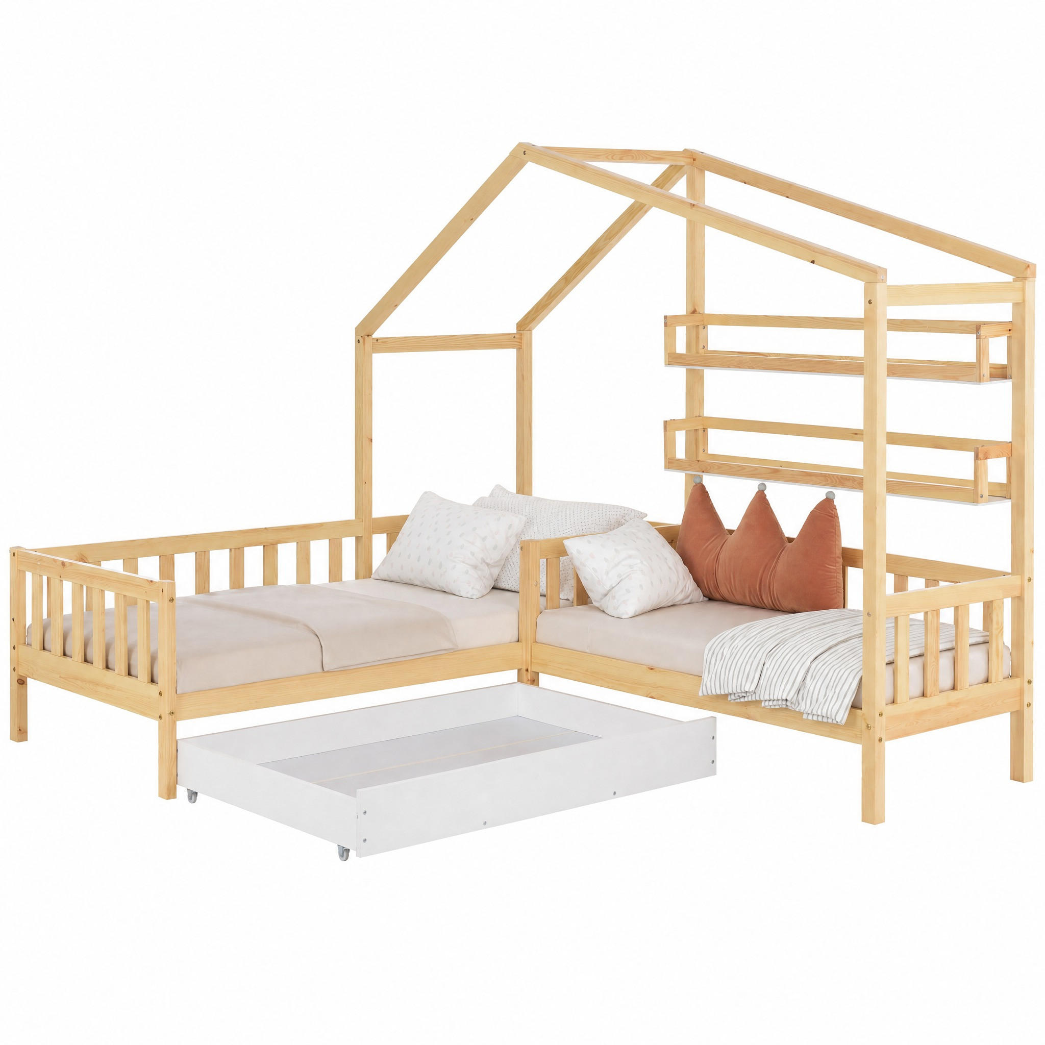 KINDERBETT Hausbett mit Schubladen und Regalen 90x200 cm/140x70 cm Natur - Braun, Holz (90/200cm) - Meubliv