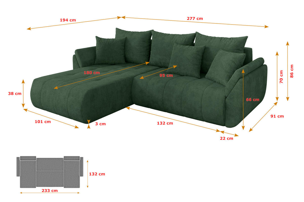 ROHOVÁ SEDAČKA s funkcí spaní, otoman vlevo TOKO-L 277x194x86 zelená manšestr - černá/tmavě zelená, kompozitní dřevo/textil (277/194cm) - ALTDECOR