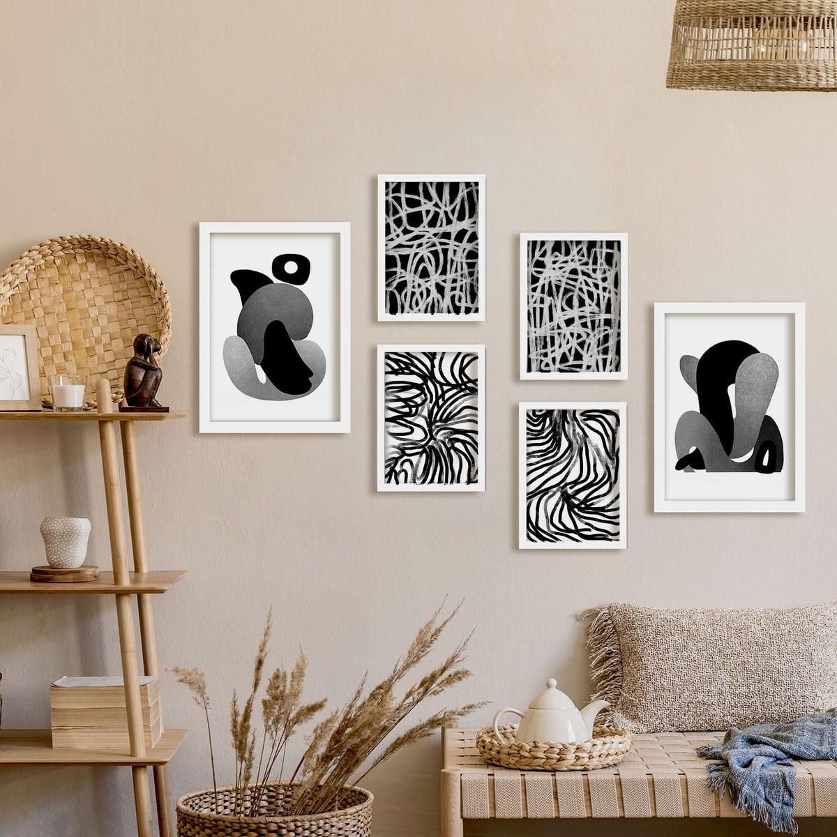 POSTER Set Mit 6 Kaput Handwerk In Liebhaber Abstrakt Ästhetische Dekorative Gemälde Für Ihr Wohnzimmer, Schlafzimmer, Zuhause A3 & A4 Weißer Rahmen - Weiß, Papier (29/3cm) - Nacnic