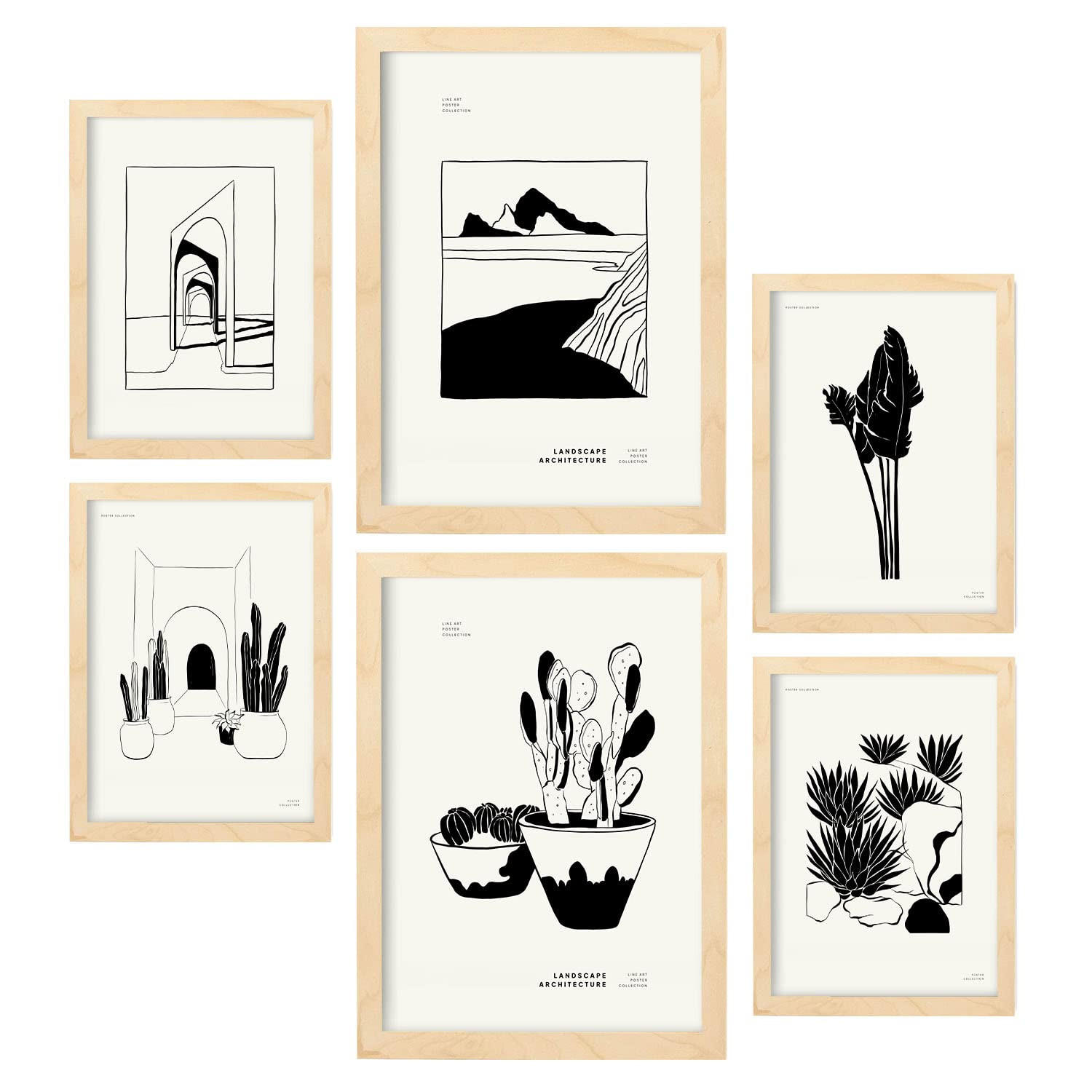POSTER Set Mit 6 In Schwarzer Tinte Kakteen In Töpfen Künstlerische Und Abstrakte Drucke Für Innenarchitektur A3 & A4 Rahmen Aus Hellem Holz - Beige, Papier (29/3cm) - Nacnic