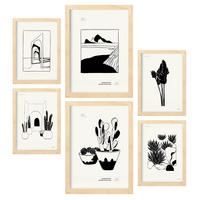 POSTER Set Mit 6 In Schwarzer Tinte Kakteen In Töpfen Künstlerische Und Abstrakte Drucke Für Innenarchitektur A3 & A4 Rahmen Aus Hellem Holz - Beige, Papier (29/3cm) - Nacnic