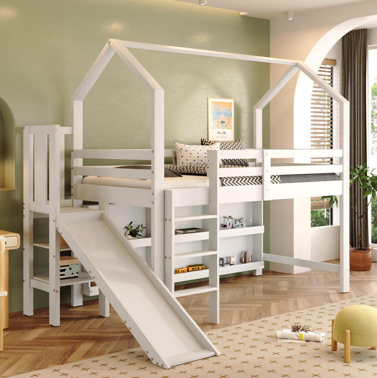 HAUSBETT 90/200 cm Weiß aus Massivholz und MDF mit Rutsche und Stauraum - Weiß, Holz (90/200cm) - OKMYHOME