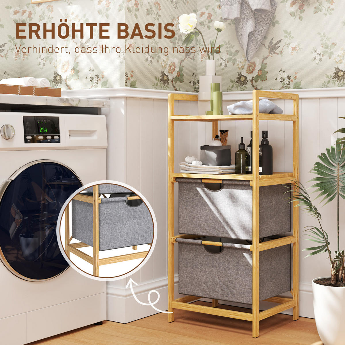 BADEZIMMERREGAL 44x34x96 cm Natur mit 2 Stoffkörben & zweistufigem Design - Naturfarben, Naturmaterialen (44/96/34cm) - Modfu