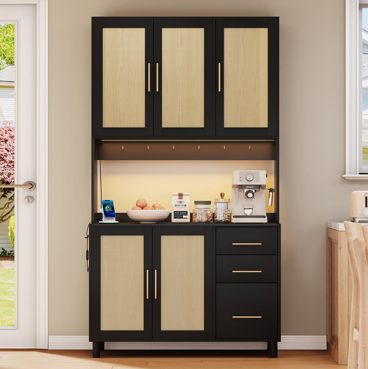KUCHYŇSKÁ Skříň na nádobí 183 cm, MDF, černá, s LED osvětlením, USB a zásuvkami - černá, kompozitní dřevo (100/183/40cm) - BEAOK