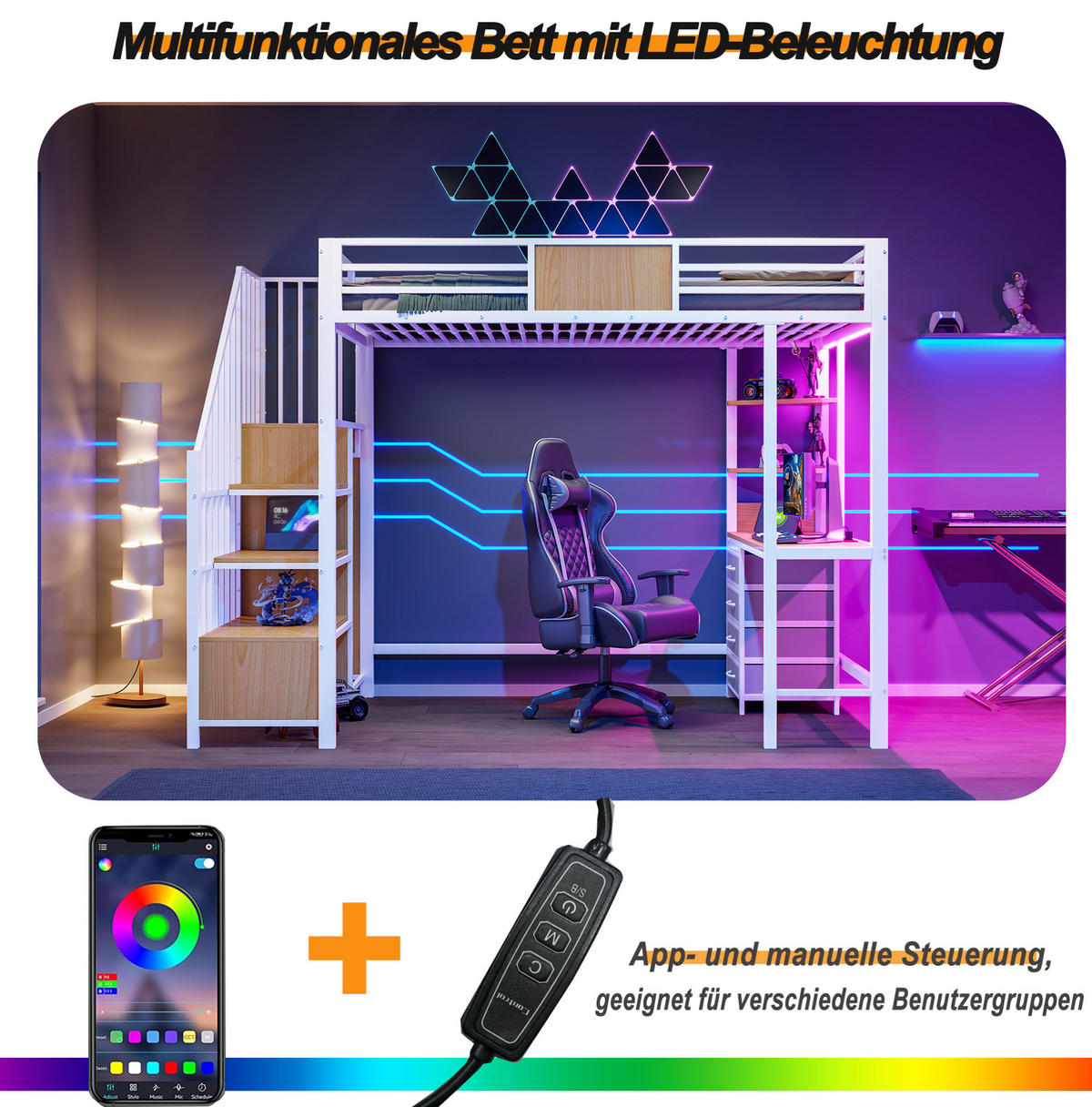 HOCHBETT 90/200 cm aus Metall mit Schreibtisch, Weiß - Weiß, Metall (90/200cm) - OKMYHOME
