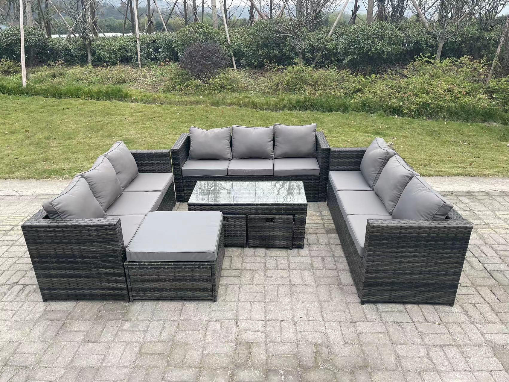 SITZGRUPPE Polyrattan 12-Sitzer - Dunkelgrau/Grau, Glas/Kunststoff - Fimous