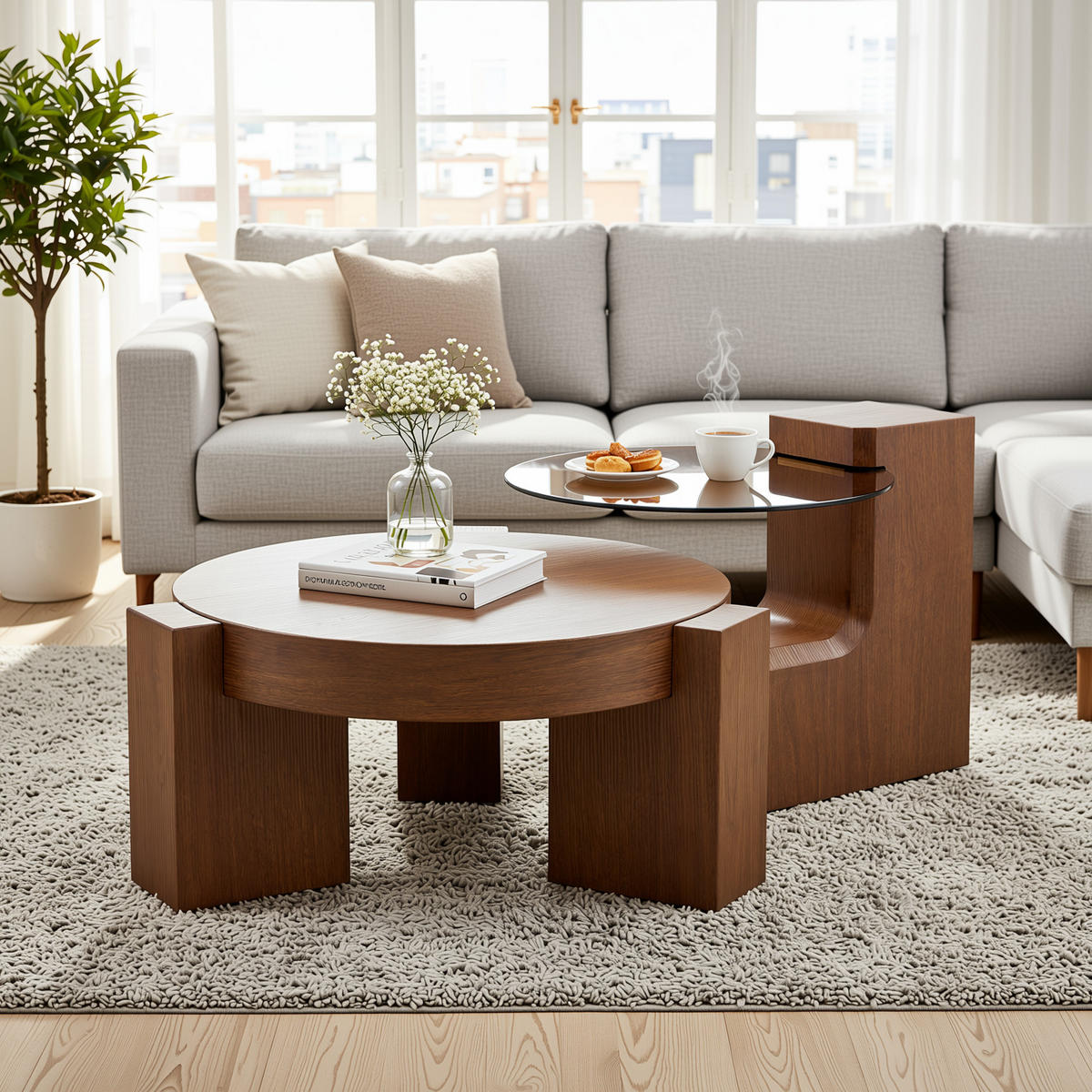 COUCHTISCH 2er-set nussbaum-optik & braunes glas trennbar - Walnussfarben, Holzwerkstoff (61/61/30cm) - Urban Meuble