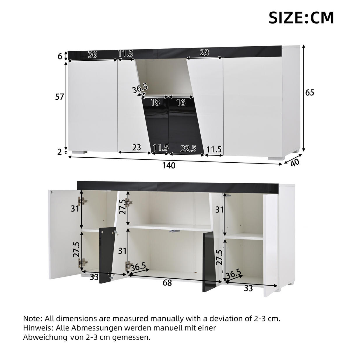SIDEBOARD aus Spanplatte 140x40x65 cm Weiß/Schwarz mit LED-Beleuchtung und 4 Türen - Weiß, Holzwerkstoff (140/65/40cm) - IVMEU