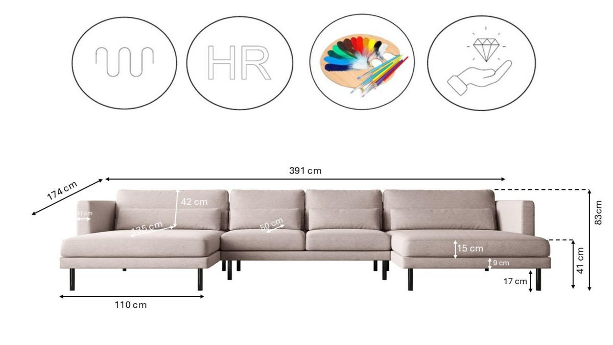 ECKSOFA DANI In U-Form Stilvolles Stoff Verita Beige - Beige, Holz/Textil (174/391cm) - Kaiser Möbel
