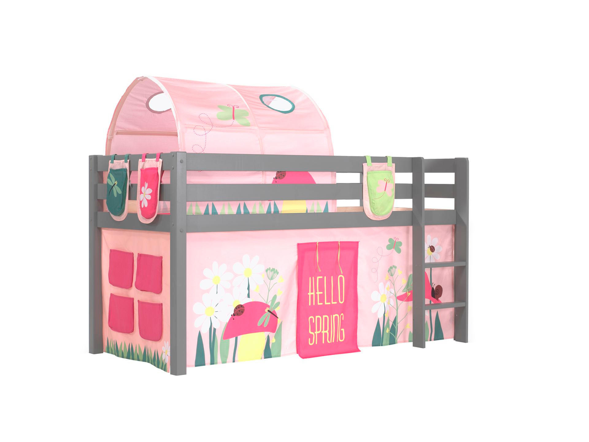 KINDERBETT Karolina 210x114x106 Massivholz Grau Textilset Spring 4 - Hellrosa/Grau, Holz (90/200cm) - 58aufmkessel