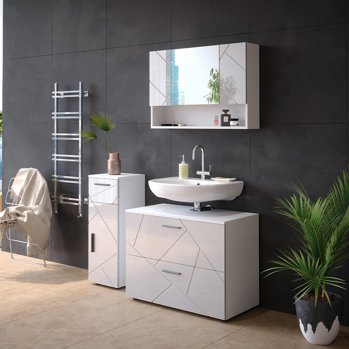 BADMÖBEL-SET Irma Weiß Hochglanz 3 Teile mit Schubladenschrank und Midischrank - Weiß Hochglanz/Weiß, Holzwerkstoff (80/58.6/41cm) - Vicco