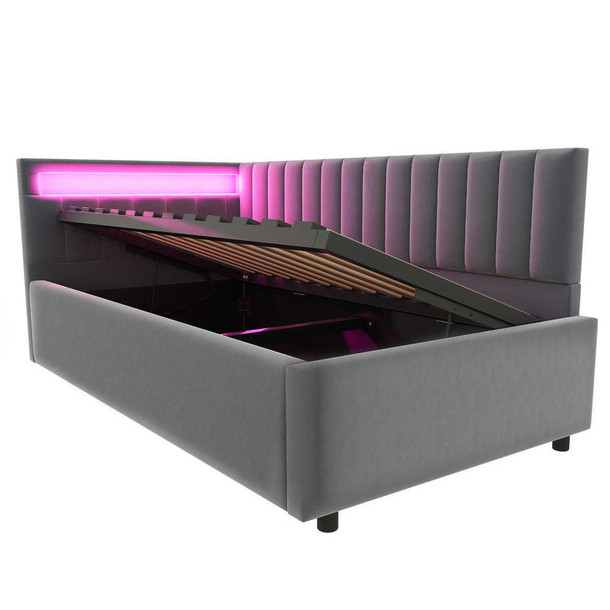POLSTERBETT 90x200 Grau Samt LED Stauraum - Grau, Textil (90/200cm) - FLIEKS