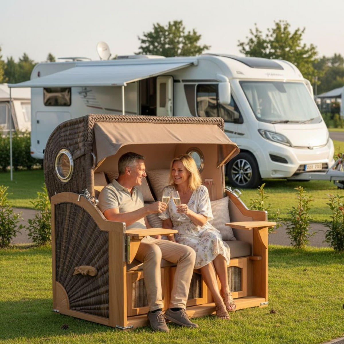 STRANDKORB XXL Düne Grande Teak PE Grey - Braun, Metall (170/170/95cm) - Mr. Deko