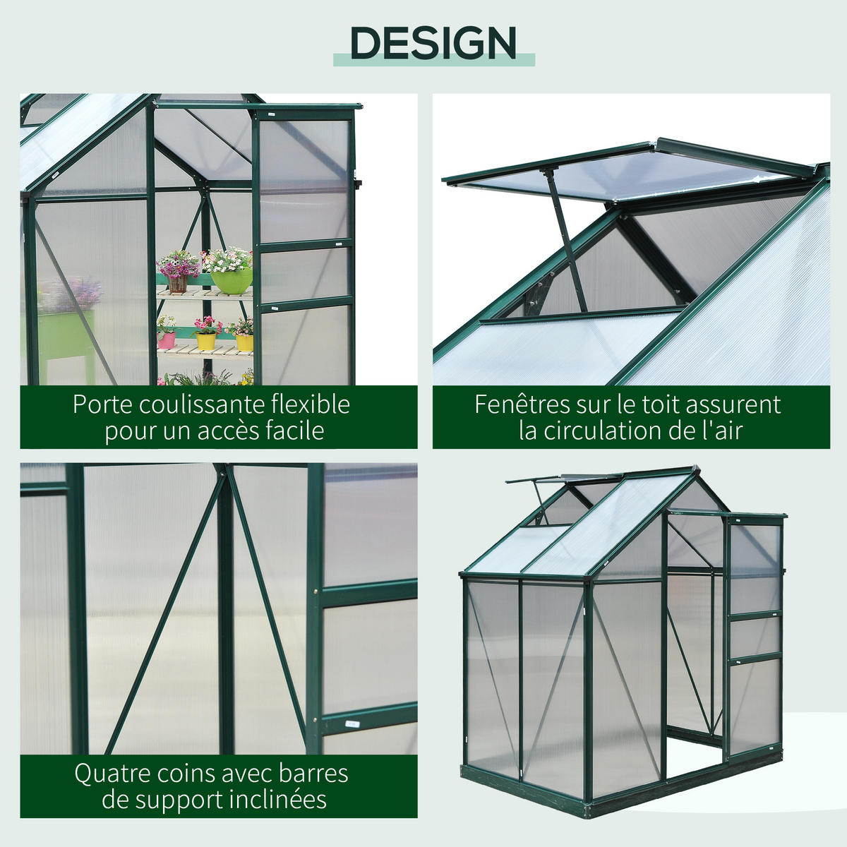 GEWÄCHSHAUS DE-11891 Polycarbonat mit Dachluke & Regenrinne Dunkelgrün - Grün, Kunststoff (132/201/190cm) - ComfortXL