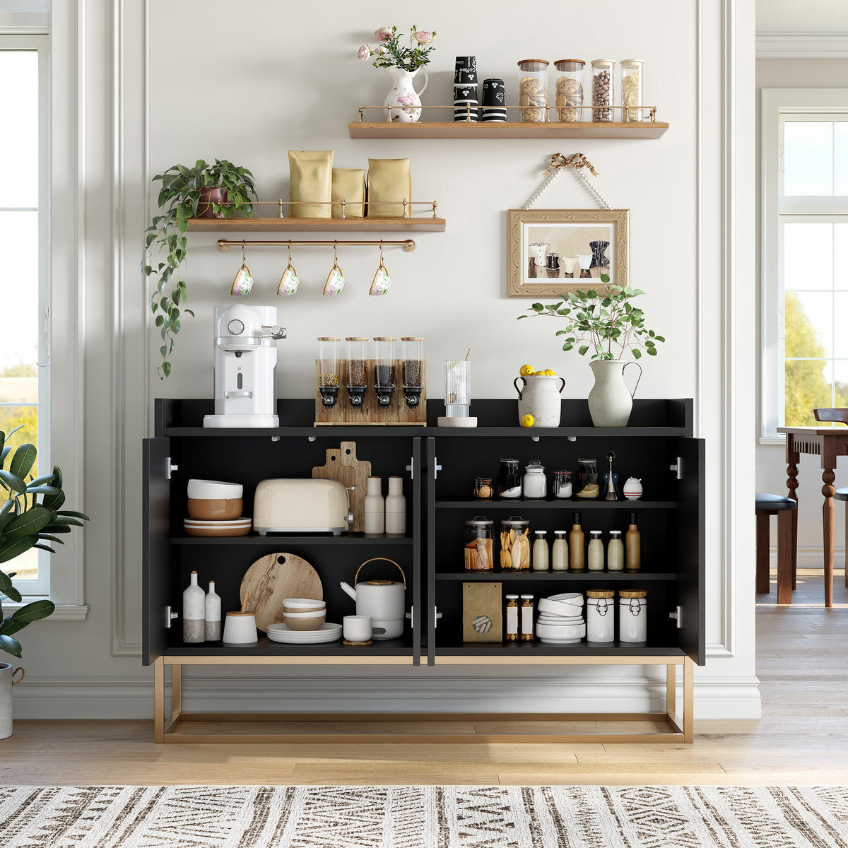 SIDEBOARD, 120/80/30 cm, mit 4 Türen, MDF, schwarz - Schwarz, Holz/Metall (120/80/30cm) - GENKI LIVING