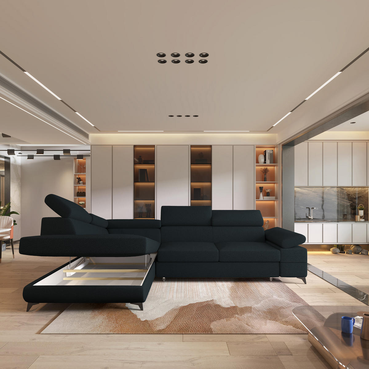 ECKSOFA FAVIEN L-S Schwarz Boucle-Stoff mit Schlaffunktion - Schwarz, Holz (257/190cm) - MASSENO