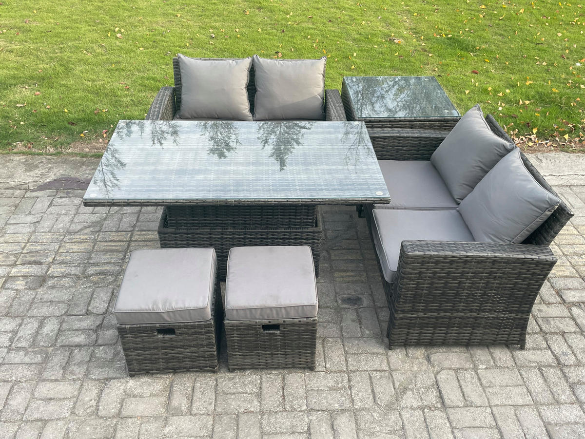 GARTENMÖBEL-SET HÖHENVERSTELLBARER ESSTISCH SOFA SET MIT BEISTELLTISCHE Polyrattan Dunkelgrau Gemischt 6-Sitzer - Dunkelgrau, Metall - Fimous
