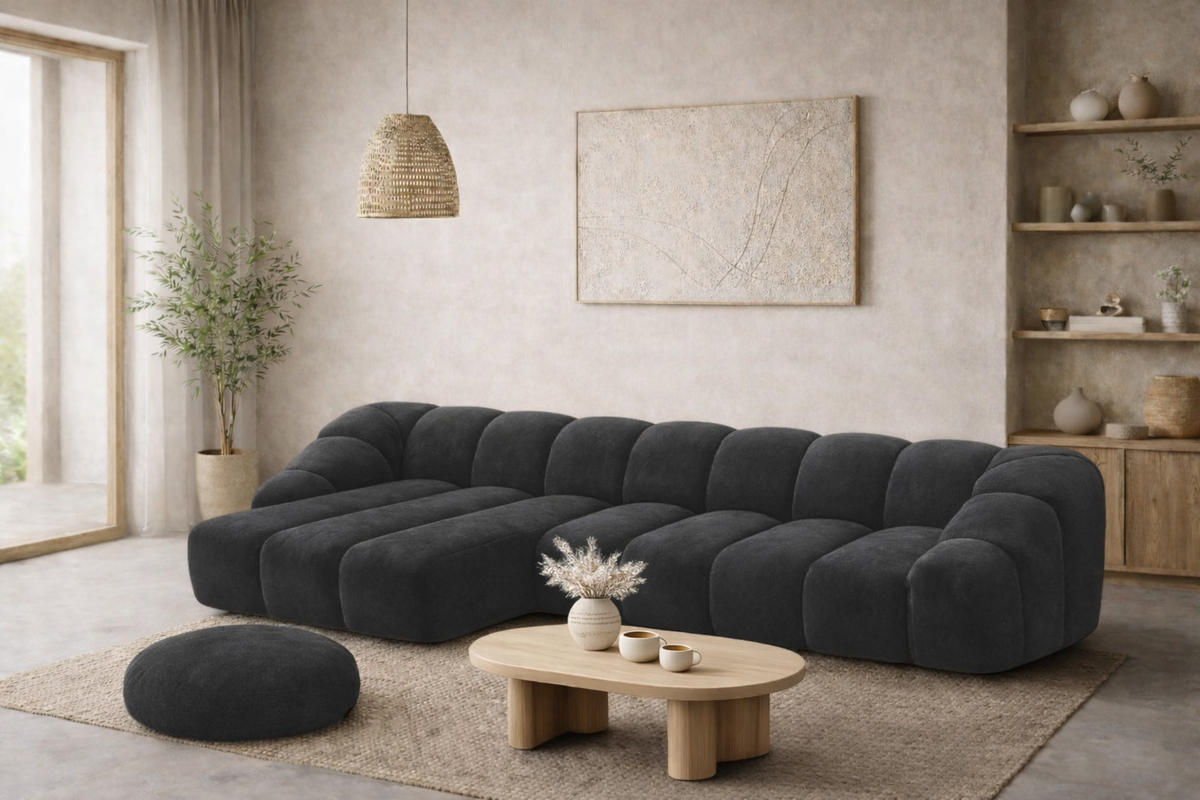 ECKSOFA Modulare L-Form, Veloursstoff Bluvel, Schwarz, Links, CROISSANT XL - Schwarz, Holz (340/190cm) - Kaiser Möbel