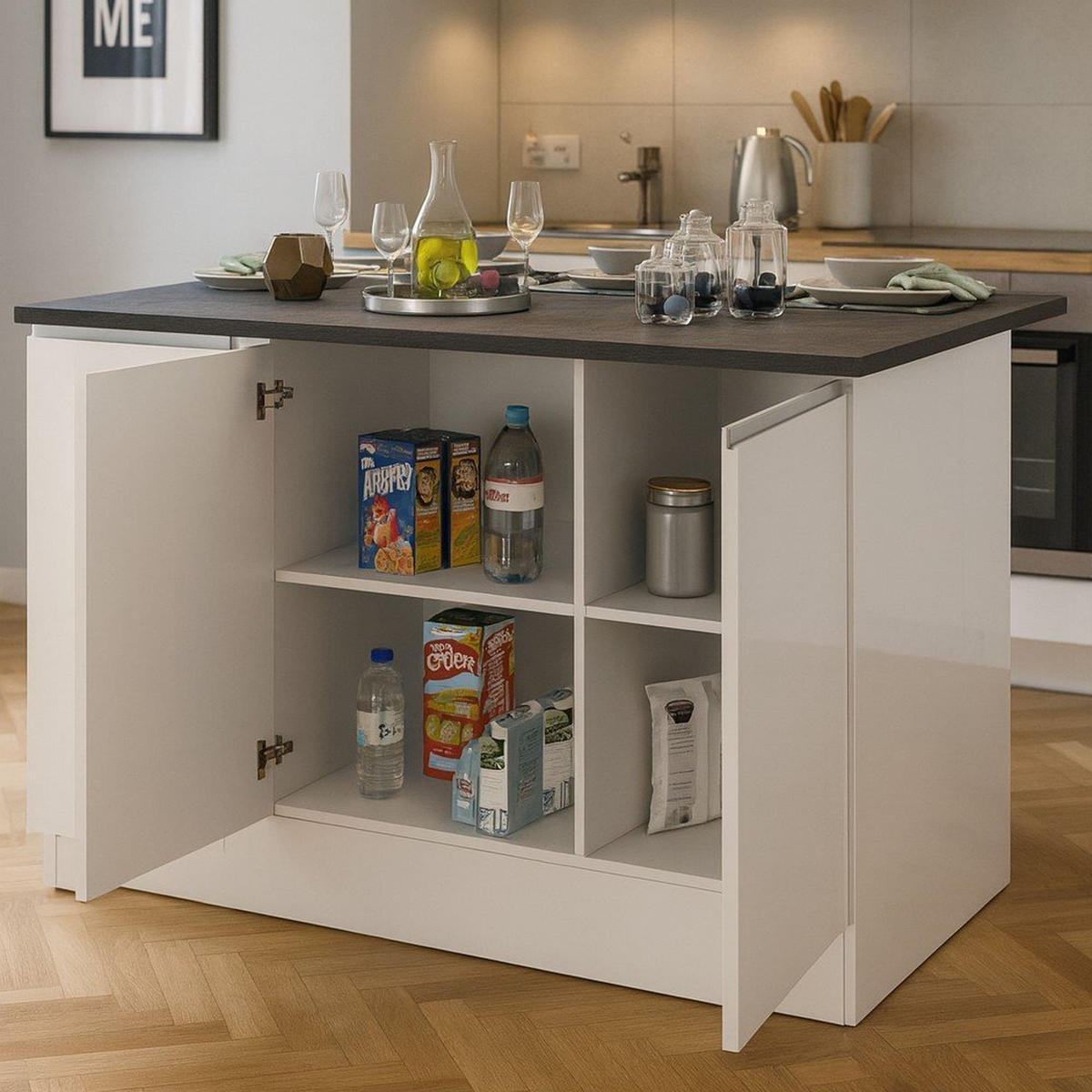 KÜCHENINSEL Glänzendes Weiß, Schiefer 90/155/90 cm - Schieferfarben/Weiß, Holzwerkstoff (155/90/90cm) - DMORA