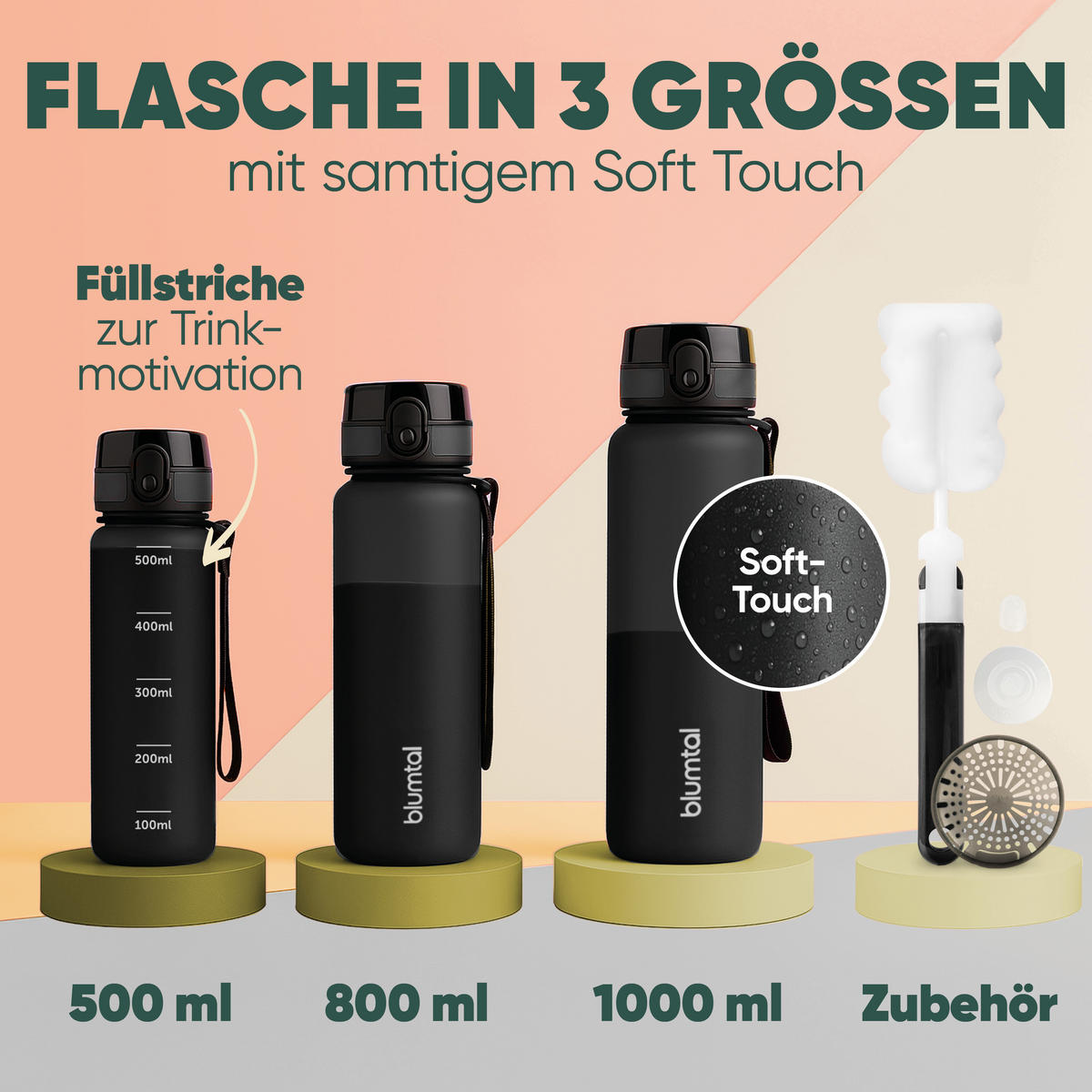 TRINKFLASCHE 0,5L - auslaufsichere - 1-Klick-Verschluss - BPA - freie - Schwarz - Schwarz, Kunststoff (0.5L) - Blumtal