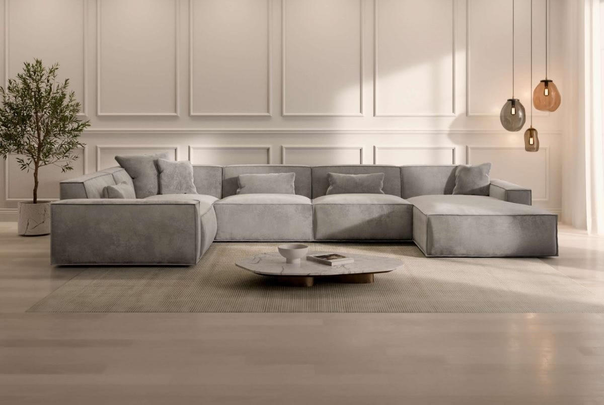 WOHNLANDSCHAFT Beluga Hellgrau Samtstoff - Hellgrau, Kunststoff (313/73/181cm)