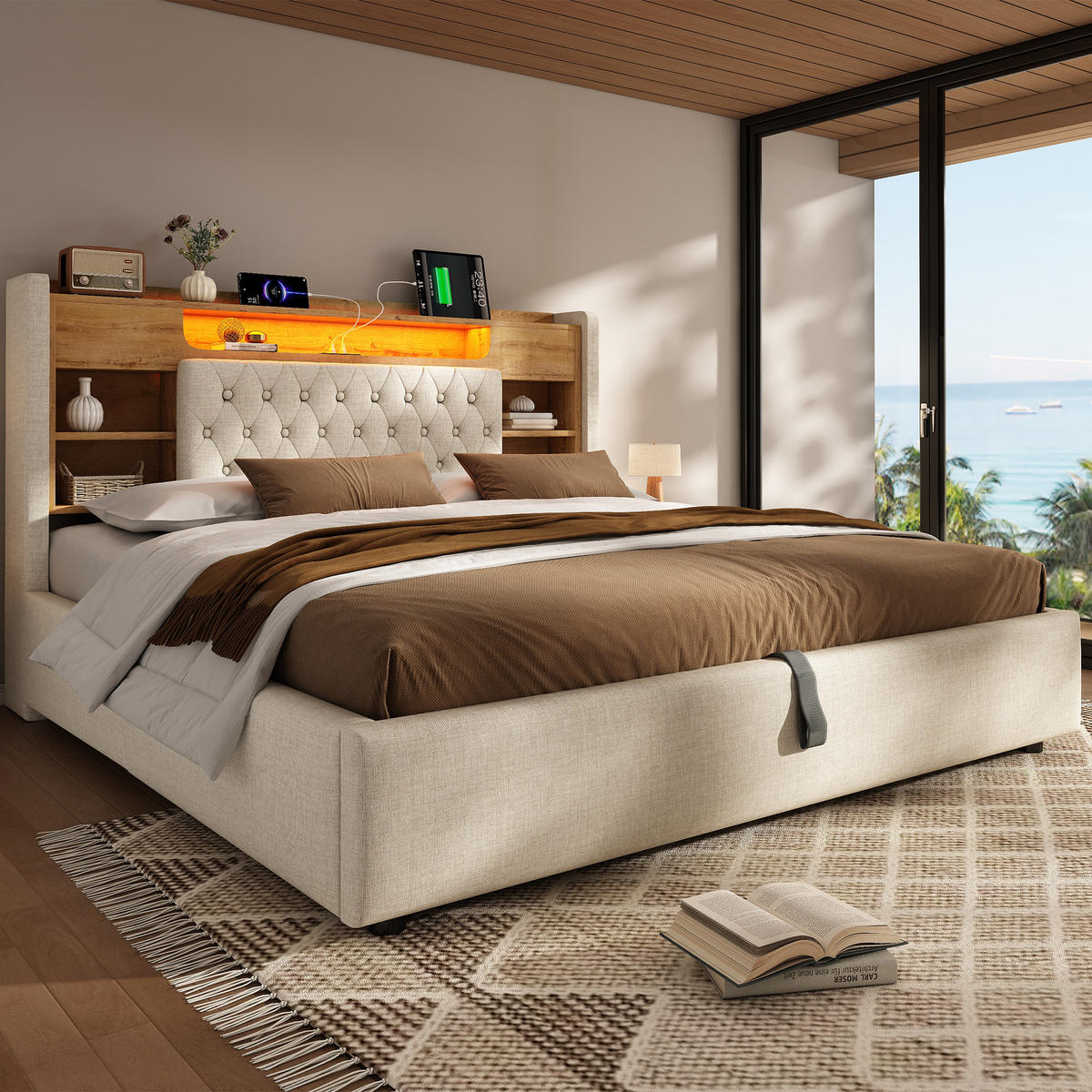 POLSTERBETT 160/200 cm in Beige mit Bettkasten, LED und USB-C - Beige, Holzwerkstoff/Textil (160/200cm) - WISHDOR