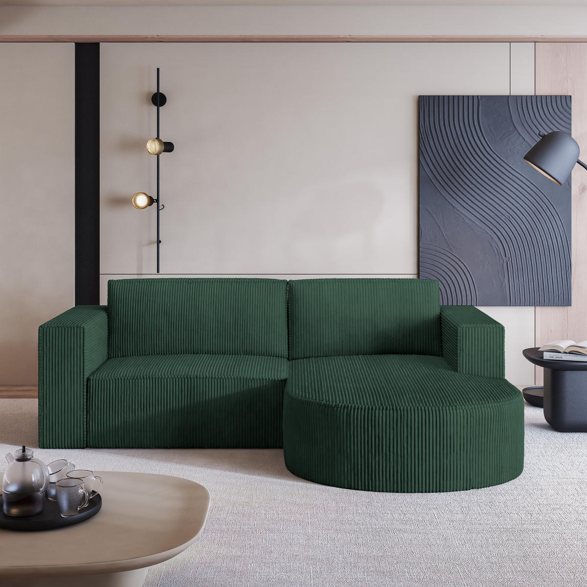 ECKSOFA SORELA P R-S Grün Kordstoff mit Schlaffunktion - Grün, Holz (263/174cm) - MASSENO