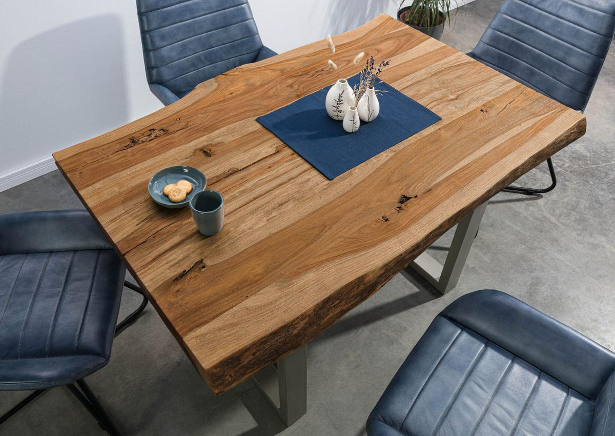 BAUMTISCH Sheesham 140x90x77 natur sandgestrahlt /U-Beine silber matt FREEFORM 5 - Naturfarben, Holz (140/90/77cm) - Massivmoebel24