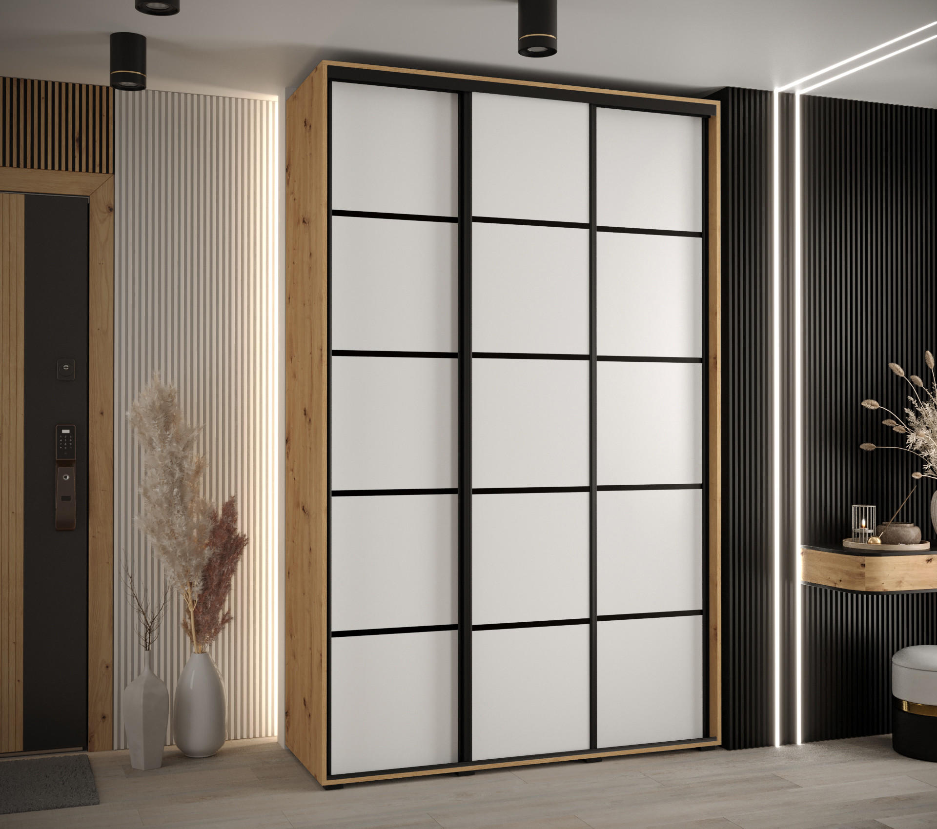 SCHWEBETÜRENSCHRANK 235,2/150/60 3-türig - Schwarz/Weiß, Holz/Metall (150/235/60cm) - Abiks Möbel