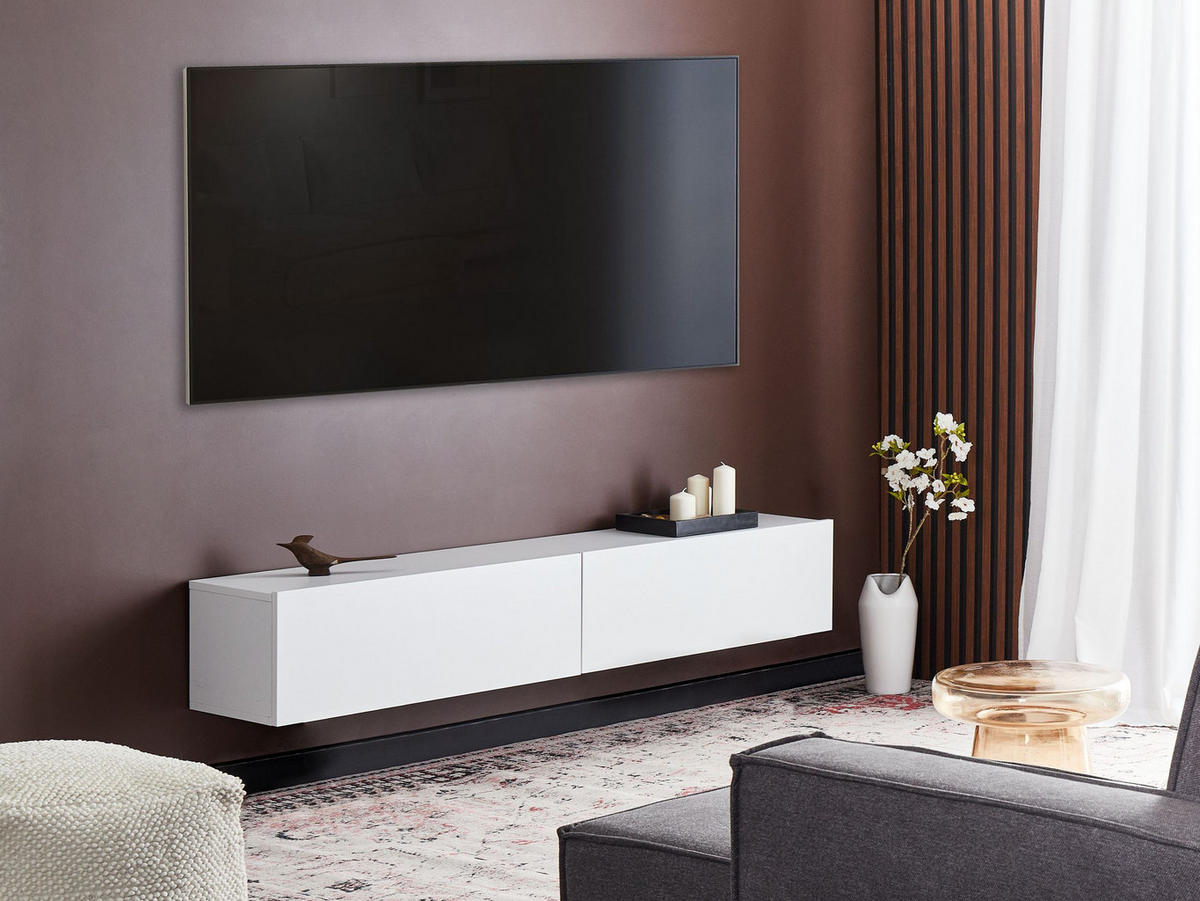 WANDMONTIERTER-TV-SCHRANK Weiß Gladstone - Weiß, Holzwerkstoff (180/30/32cm) - Beliani