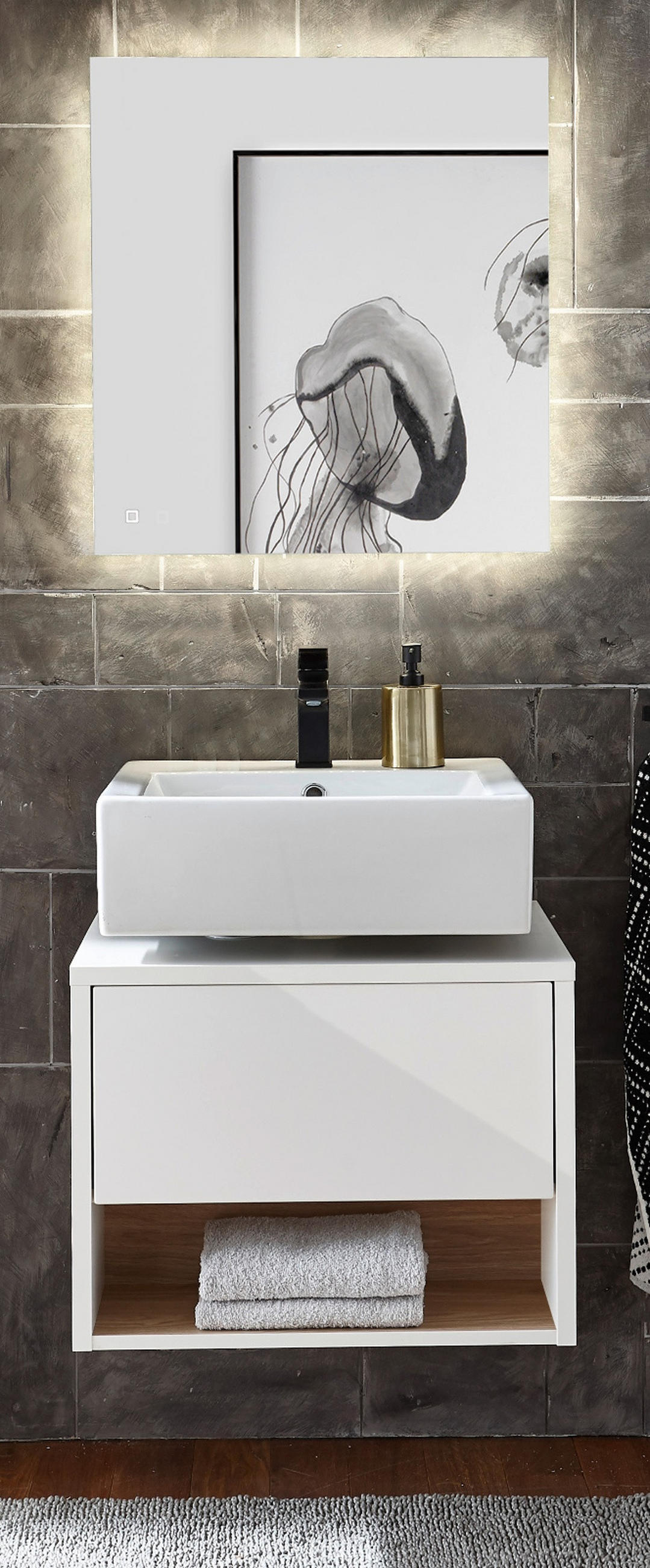 BADMÖBEL-SET 2-teilig weiß Hochglanz, Eiche mit LED Beleuchtung 60 cm Glide - Weiß Hochglanz/Eichefarben, Glas/Holzwerkstoff (60/190/46cm) - Furn.Design