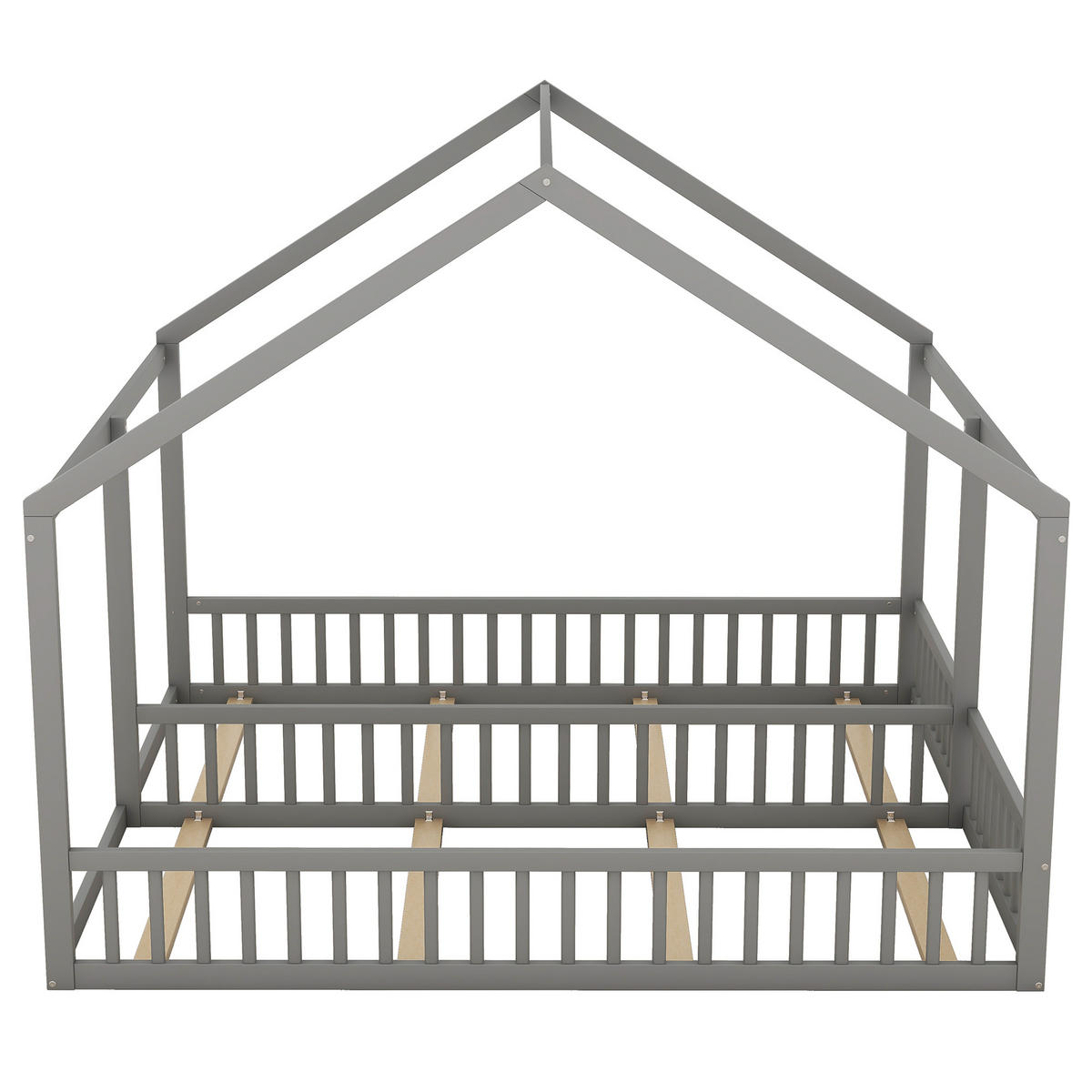 BETT 2-in-1 90/200 cm grau mit Hausdesign und Sicherheitsgeländer - Grau, Holz (90/200cm) - OKWISH