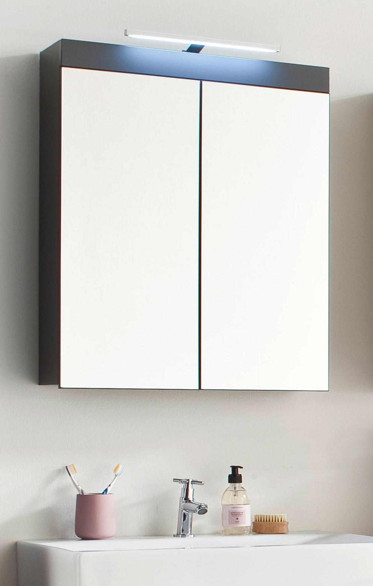 SPIEGELSCHRANK grau Hochglanz 60 x 77 cm 2-türig, inklusive Beleuchtung - Grau, Glas/Holzwerkstoff (60/77/17cm) - Top.Furn