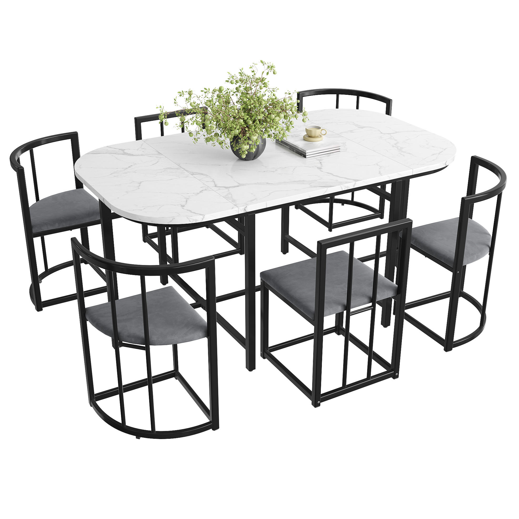 ESSTISCHSET mit 6 Stühlen Weiß Schwarz - Schwarz, Metall (80/76/140cm) - Meubliv