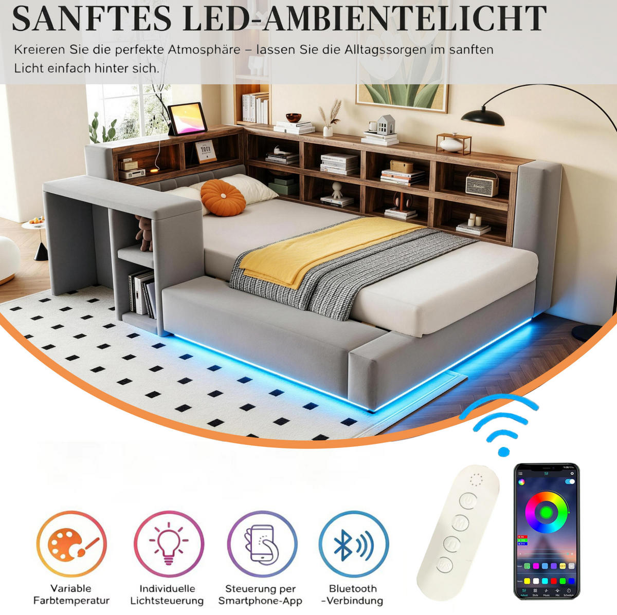 POLSTERBETT 90/200 cm aus Samtstoff mit LED, Dunkelgrau - Dunkelgrau, Textil (90/200cm) - OKMYHOME