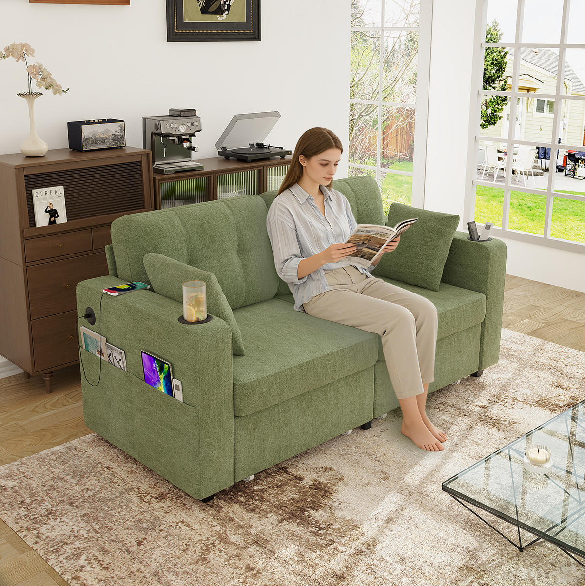 2-SITZER-SOFA 172/75/82 cm mit USB-Anschlüssen, Stauraumschubladen, Getränkehaltern und Seitentaschen, Olive - Salbeigrün, Textil (172/82/75cm) - Redom
