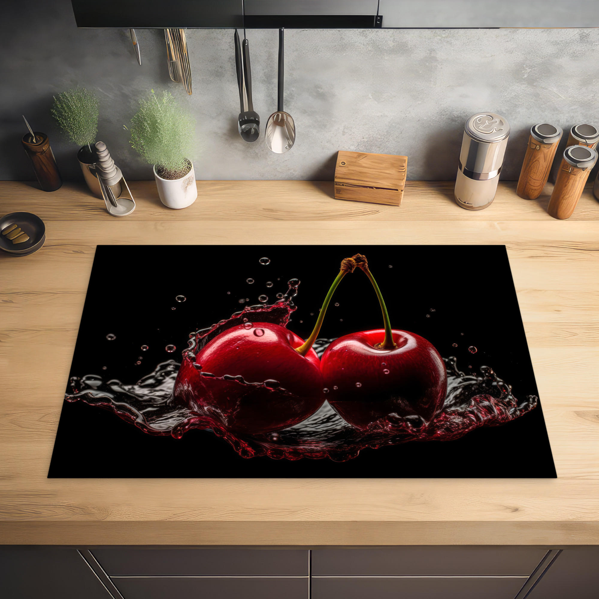HERDABDECKPLATTE Kirsche - Rot - Frucht - Wasser - Schwarz 80x52 cm - Kirschrot, Kunststoff (80/0.2/52cm) - MuchoWow