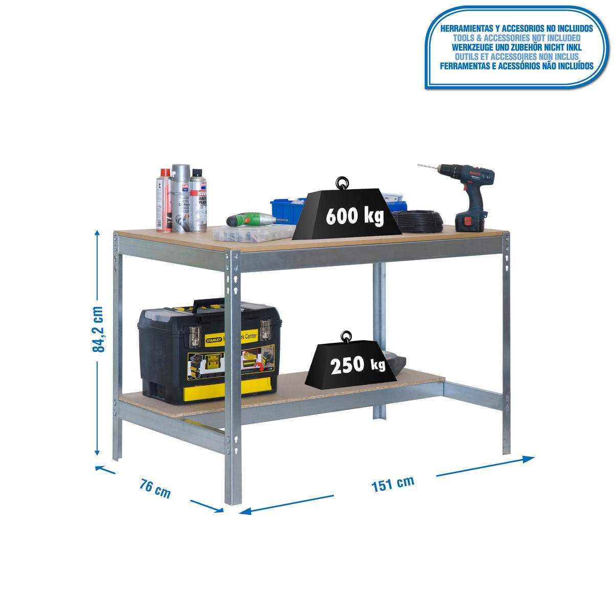 WERKBANK BUFFALO | HxBxT 84x150x76cm | Traglast 600kg | Verzinkt - Silberfarben, Holz (150/84/76cm) - PROREGAL